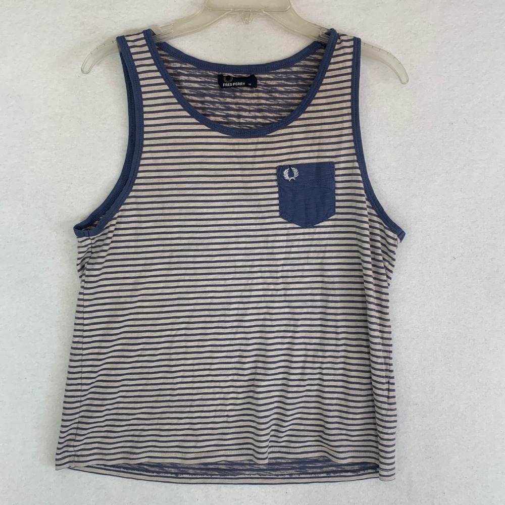 Fred Perry Tank Top Mens Medium Blue Striped  Laurel Wreath Pocket Vest Logo